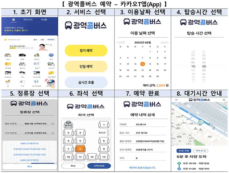 카카오T앱으로 광역콜버스 예약하는 설명화면 (출처-국토교통부)