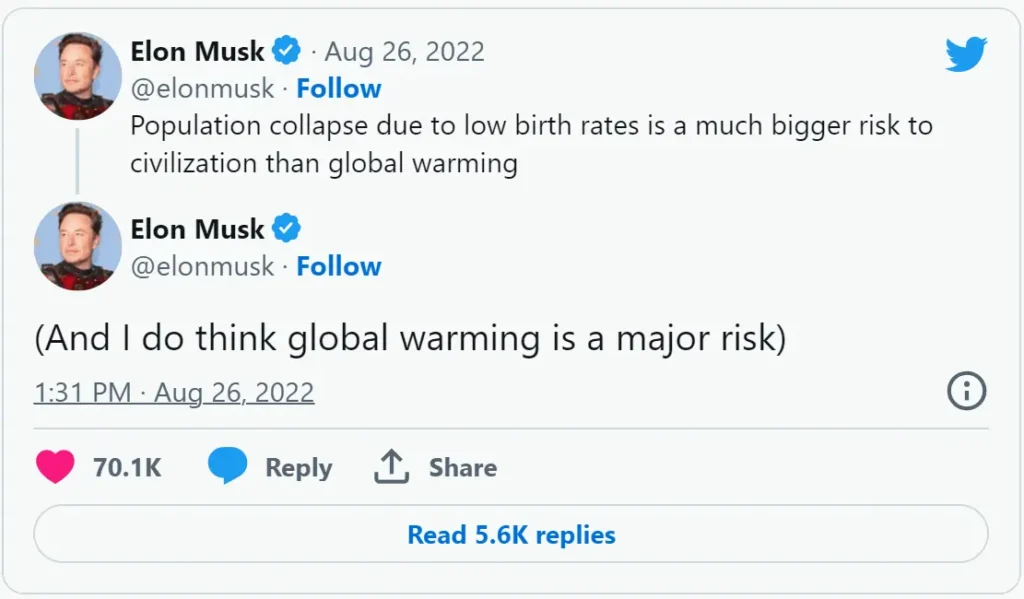 지구온난화보다 인구붕괴가 더 큰 위험이라고 말한 일론 머스크 트윗 내용 캡처 화면