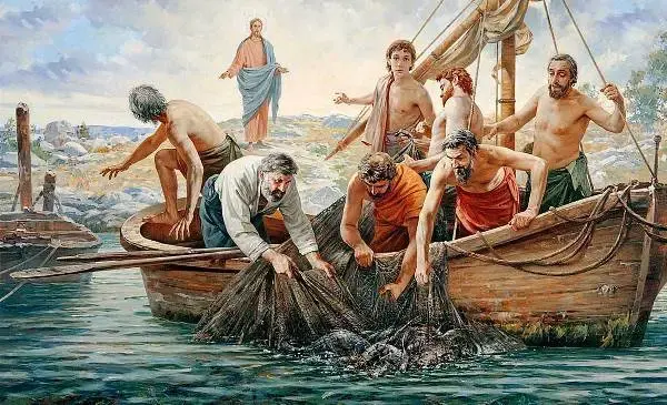 갈릴리 호수에서 고기를 잡고 있던 7명의 제자들 앞에 예수님께서 나타나신 유화