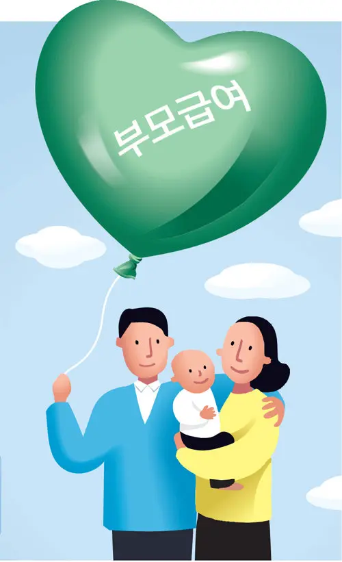 부부가 아기를 안고 있고 아빠가 부모급여라고 적힌 하트형 풍선을 들고 있는 그림 (그림출처 : 동아일보 2022년 12월 14일)