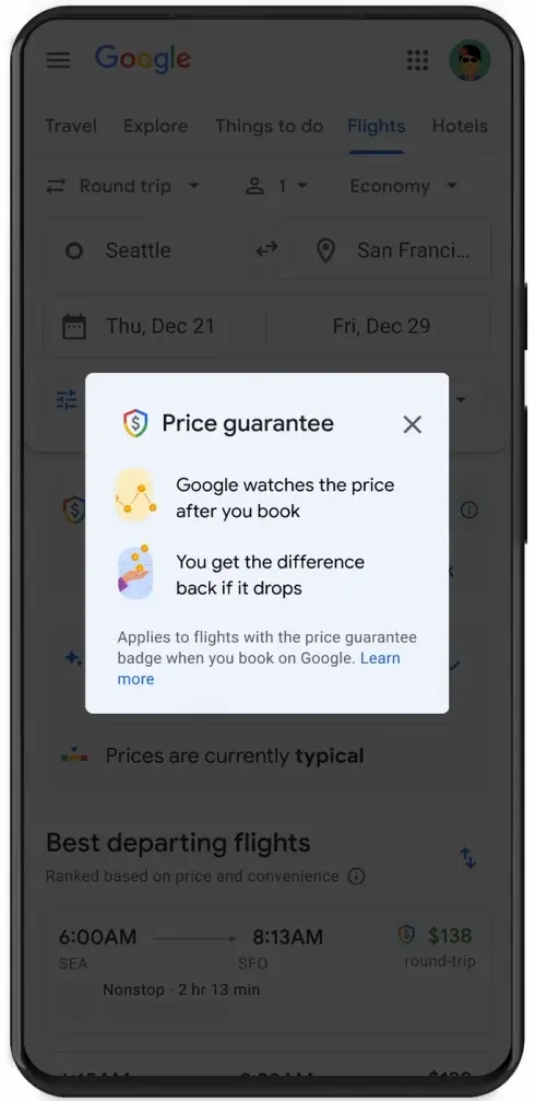 구글플라이트가 가격을 보장한다는 휴대폰 캡처 화면 1-2